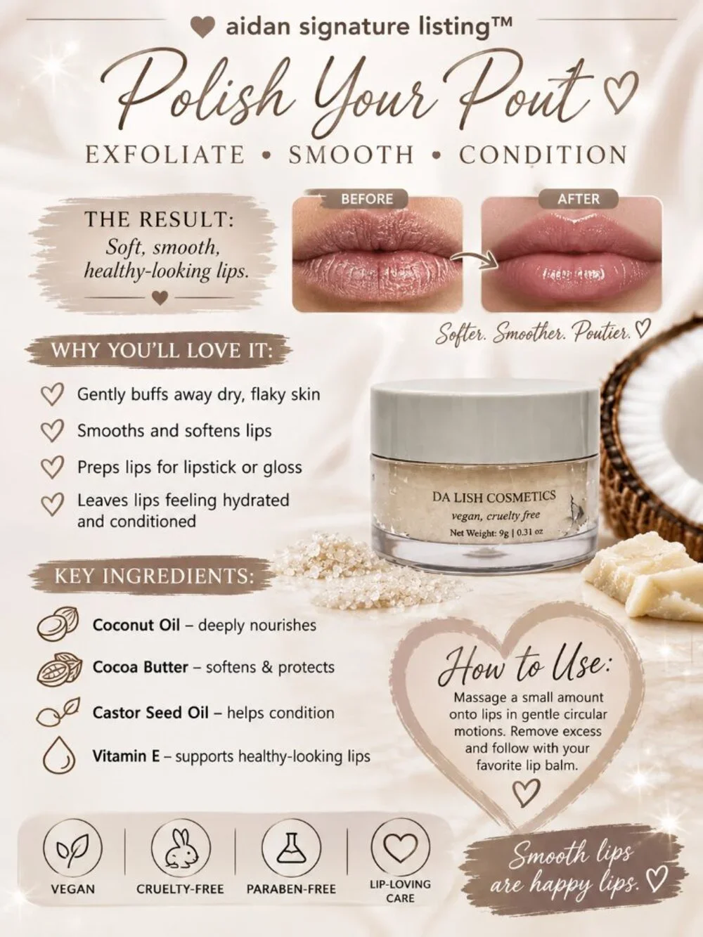 da lish Lip Scrub Polished Pout Vegan Cruelty Free 9g 0.31 oz New in Box
